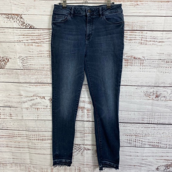 DL1961 FARROW HIGH RISE WAKEFIELD DARK WASH RAW HEM SKINNY JEANS - Picture 1 of 7